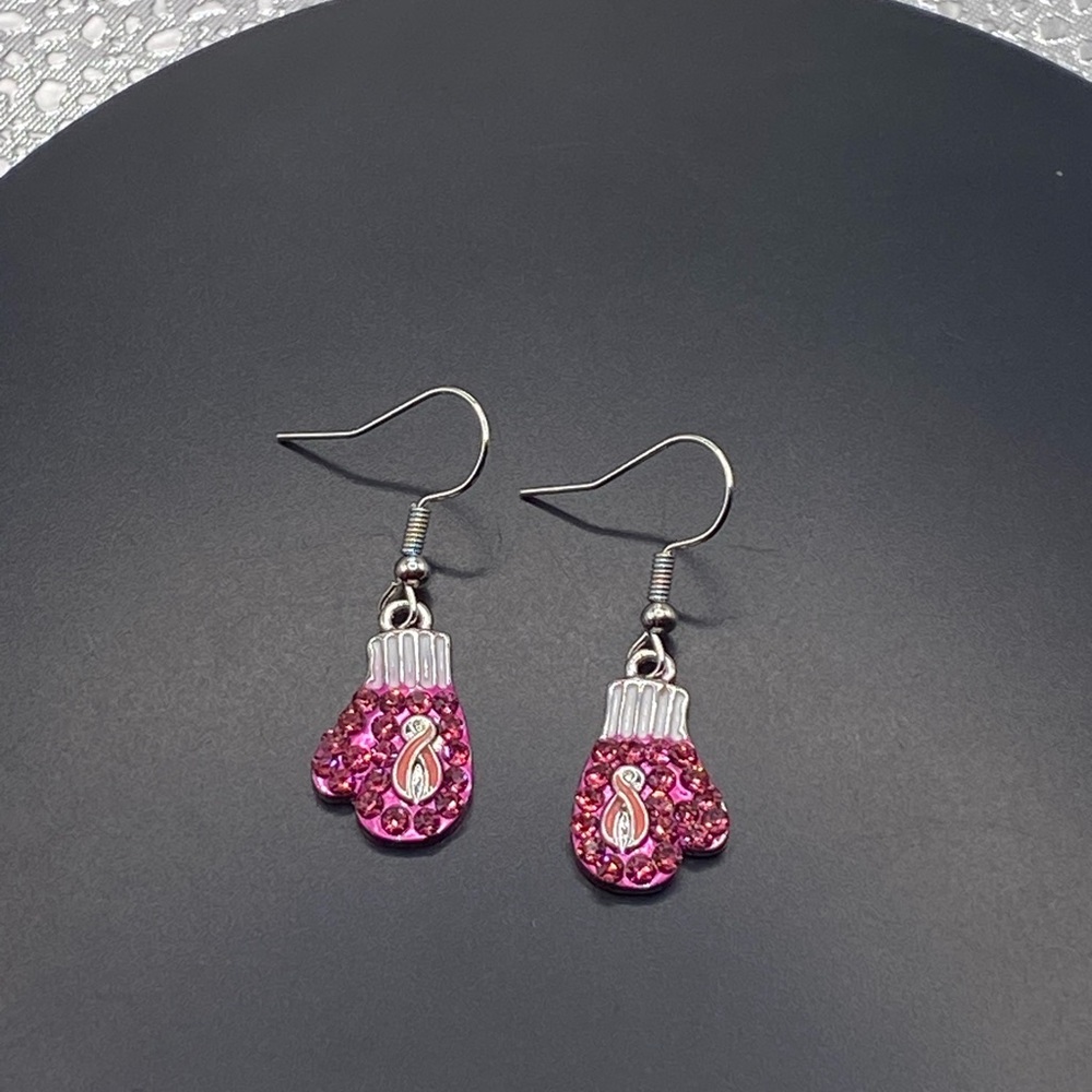 Pink crystal breast cancer fighting gloves silver tone earrings - Picture 2 of 2